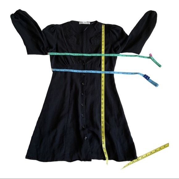ZARA Black Combination Long Sleeve Lace TrimMini Dress XS Button Front V Neck - Picture 4 of 7